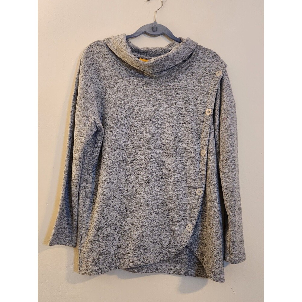 Ruby‎ Rd Grey Marl Cowl Neck Asymmetrical Button Front Top 34157 BL Medium